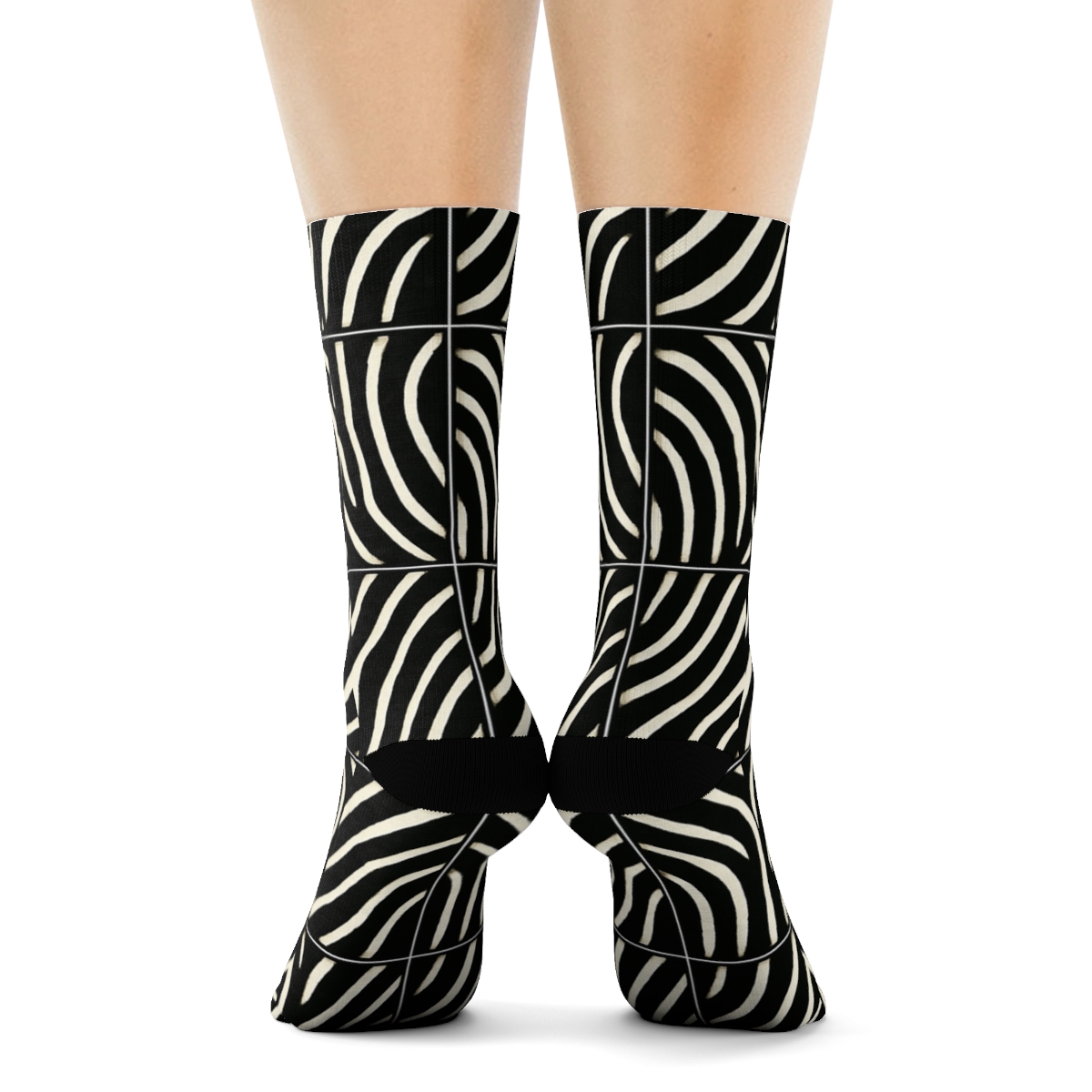 Zebra Stripe Grid On Black Field soft everyday crew socksZebra Stripe Grid on Black Field Crew Socks - Image 4