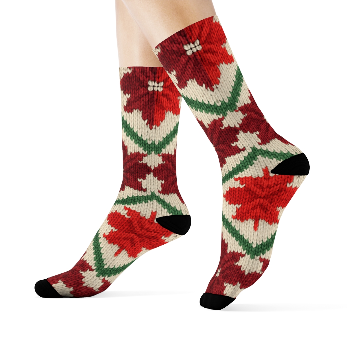 Knitted Star Bract Chevron Bands On Ivory Winter Ground designer printed crew socks