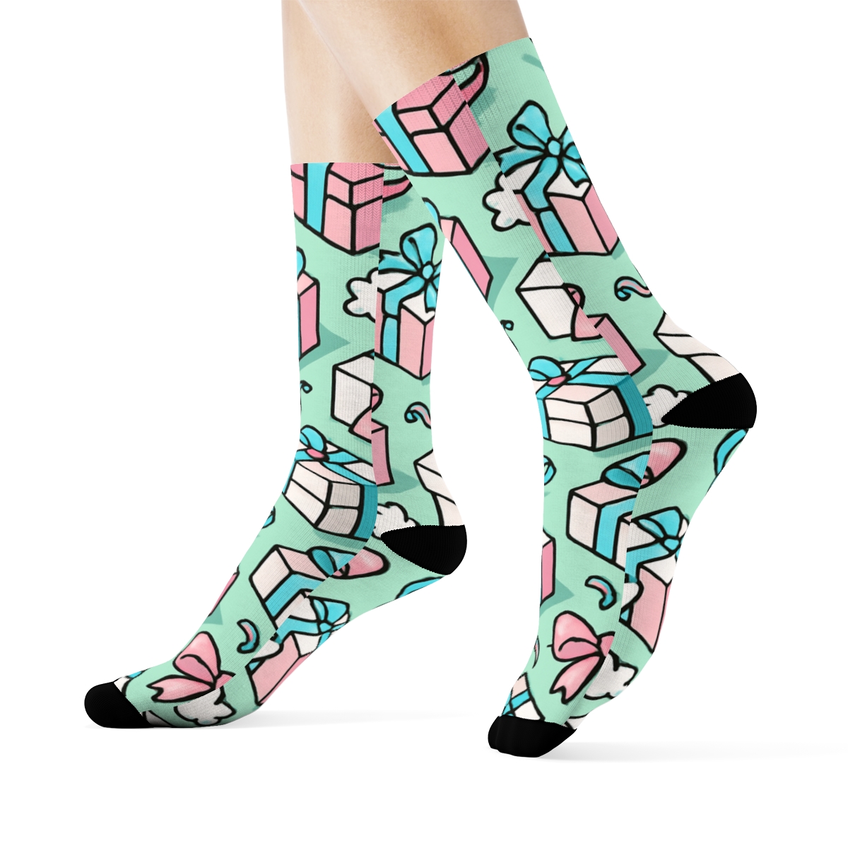 Playful Presents On Pastel Mint Background soft everyday crew socks
