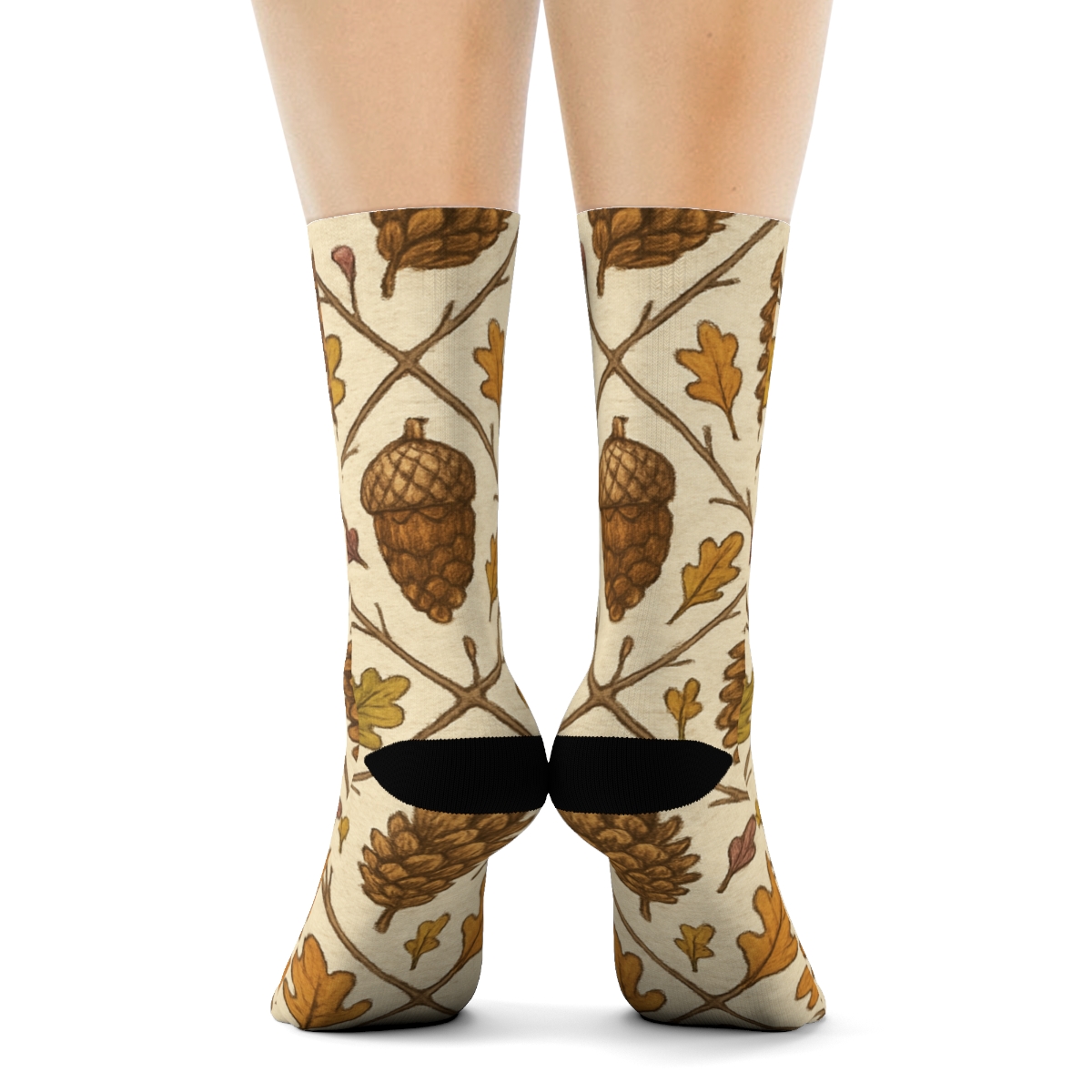 Rustic Acorn And Pinecone Lattice On Creamy Beige Background unique graphic crew socks