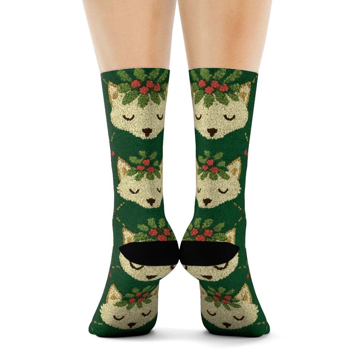 Fox And Mistletoe Grid On Forest Green Background comfortable cotton crew socks