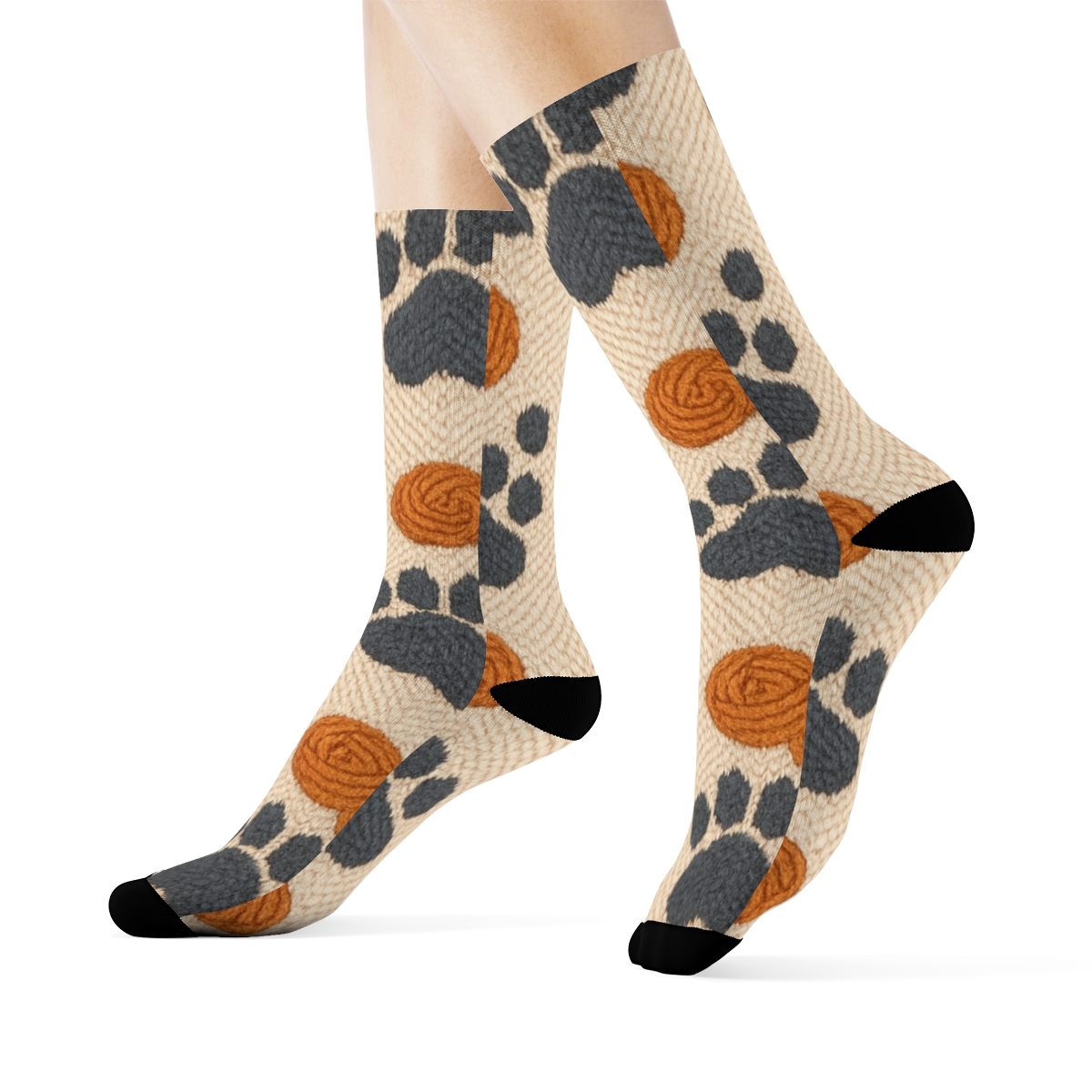 Knitted Illusion Cat Paw Chevron On Warm Cream custom crew socks