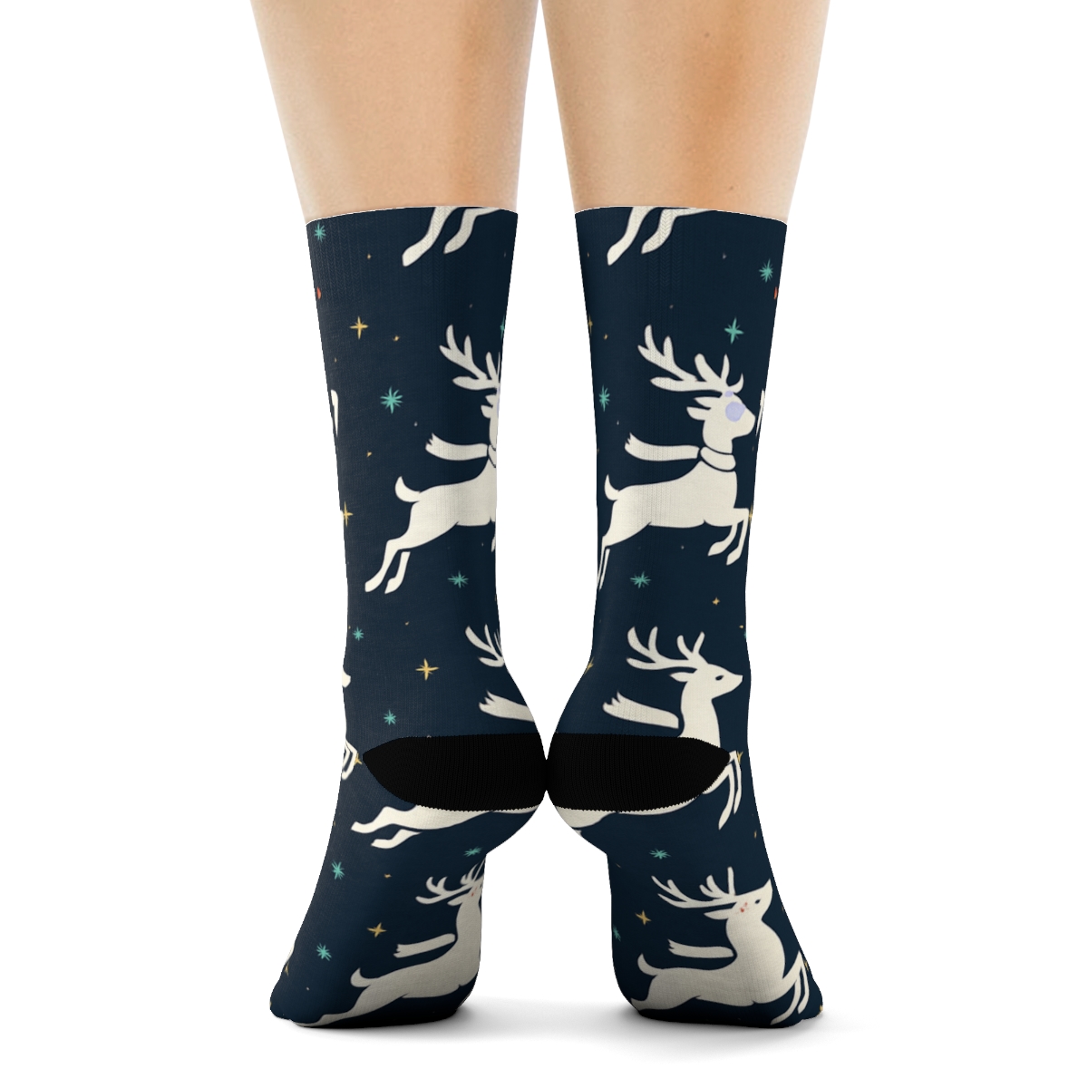 Midnight Blue Reindeer Parade Rudolph Pattern designer printed crew socks