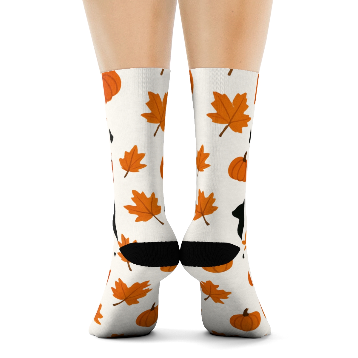 Autumn Leaf And Cat Silhouette Scatter On White Background soft everyday crew socks