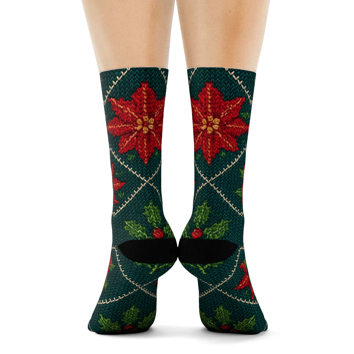 Embroidered Poinsettia Holly Lattice On Midnight Green Background premium sports crew socks
