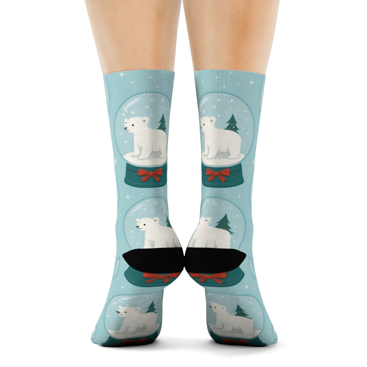 Polar Bear Snow Globe Grid On Ice Blue Background soft everyday crew socks