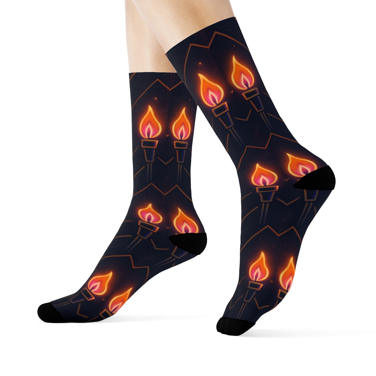 Neon Tiki Torch Chevron Repeat On Deep Night Navy soft everyday crew socks