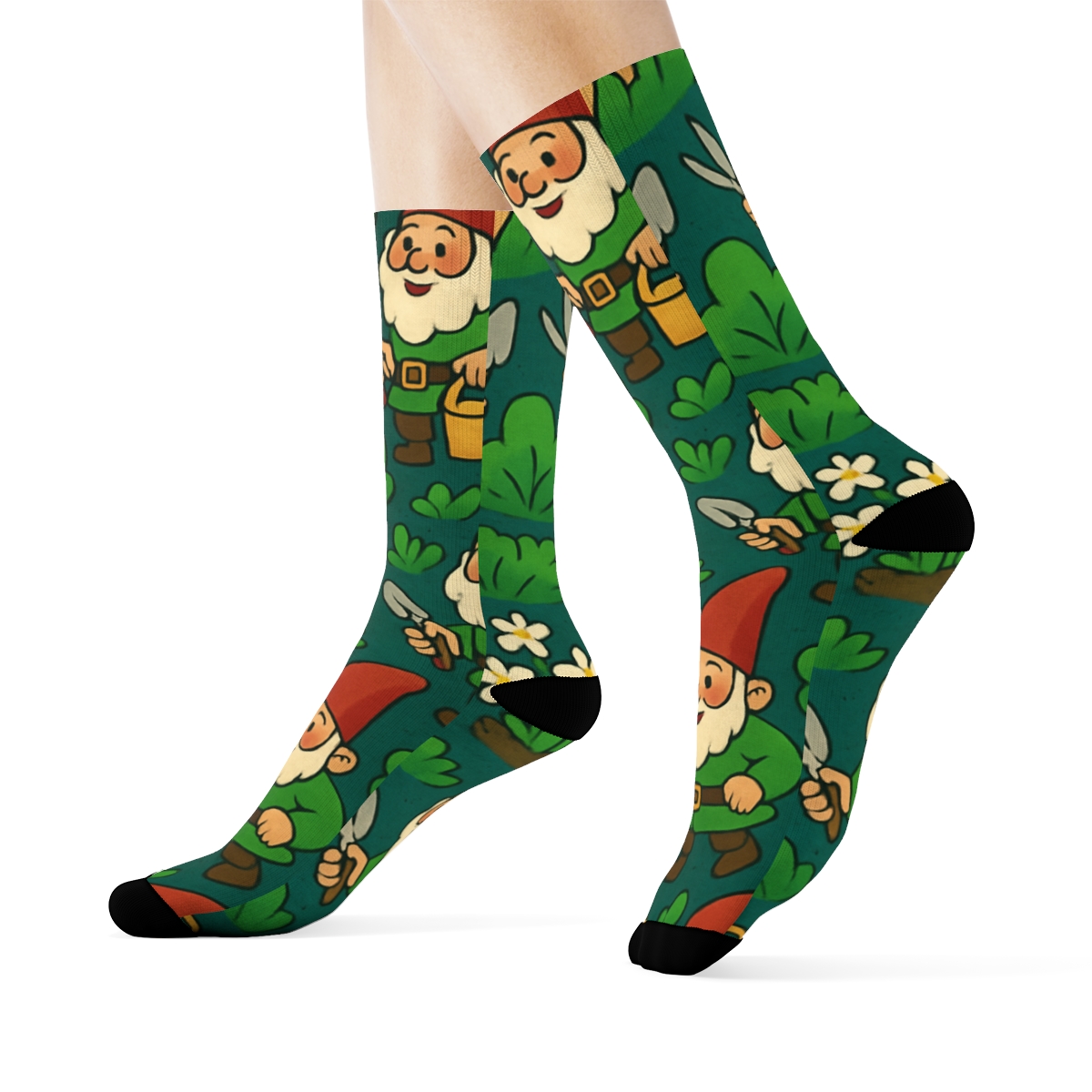 Garden Gnome Parade, Landscaper Edition trendy patterned crew socks