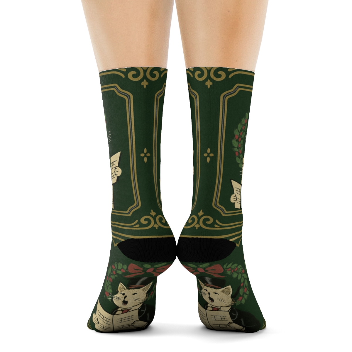 Vintage Cat Carolers Border comfortable cotton crew socks