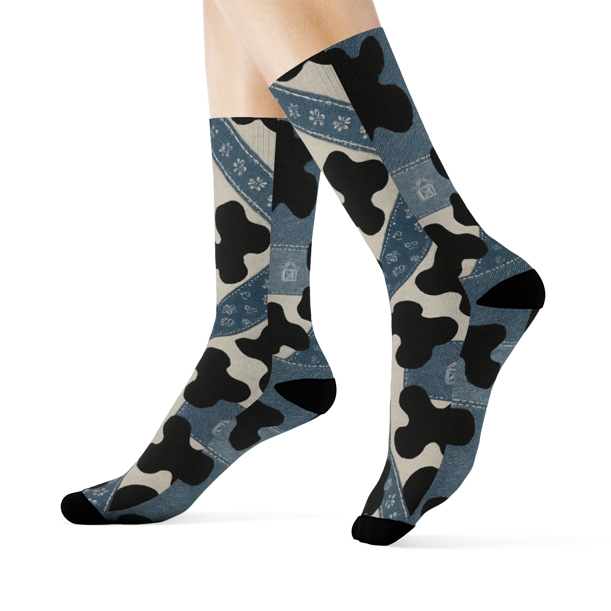 Denim Patchwork Cow Spot Overlay stylish athletic crew socks