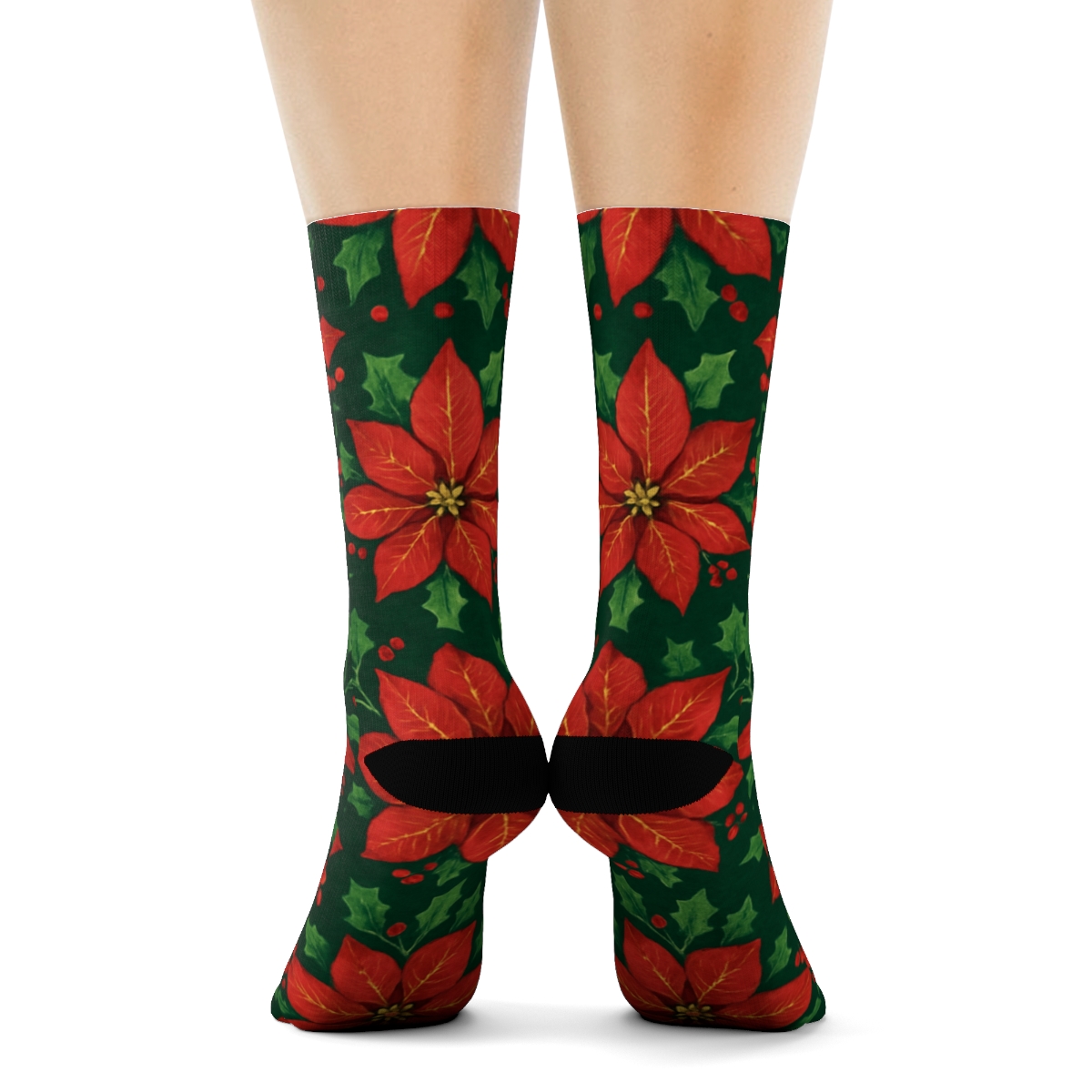 Poinsettia Tile On Deep Green Field soft everyday crew socks