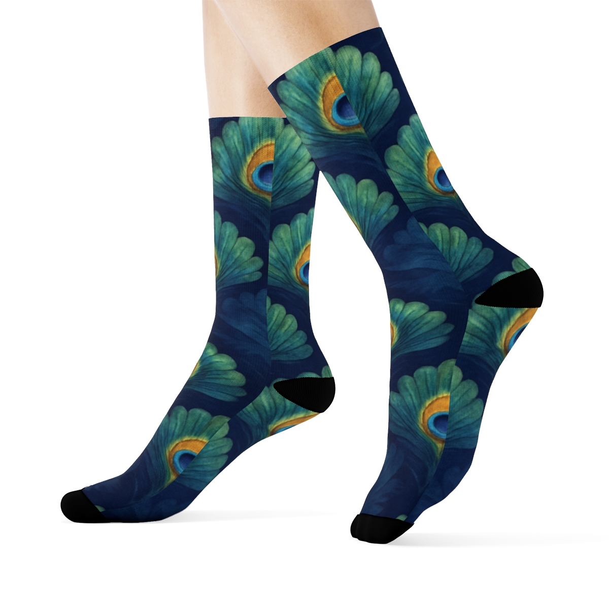 Peacock Tail Feather Fan Tessellation On Deep Navy custom crew socks