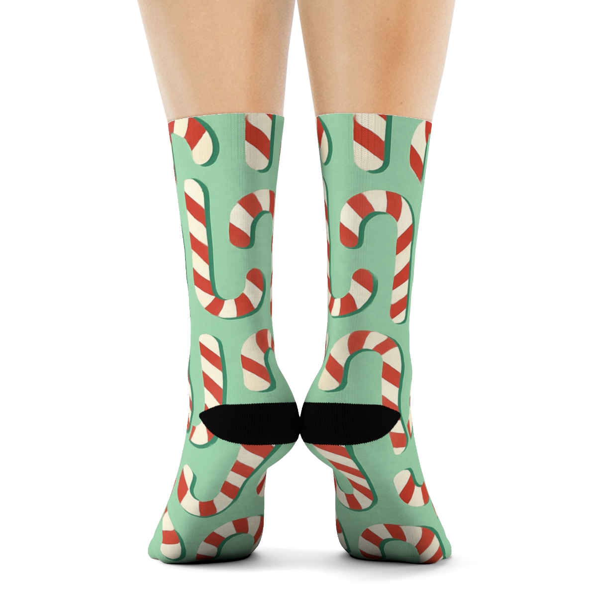 Hooked Candy Canes Tessellation On Mint Green custom crew socks
