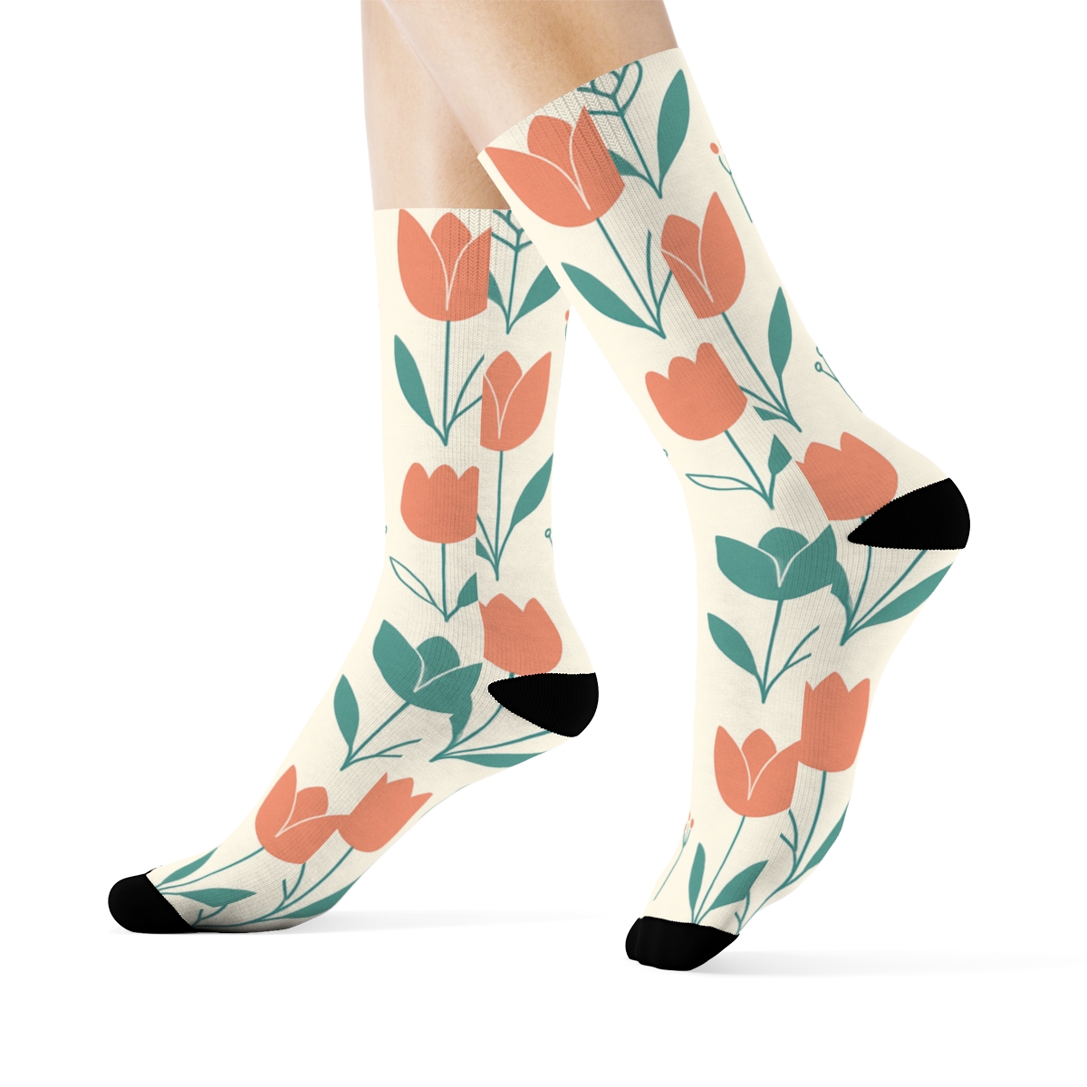 Minimal Tulip Grid On Cream Background comfortable cotton crew socks