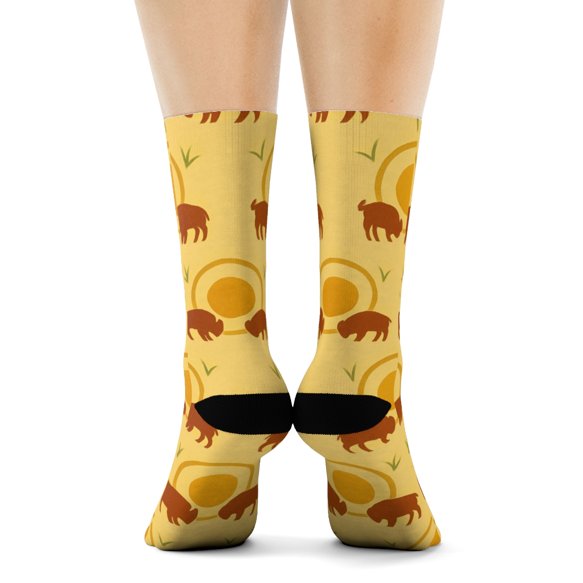 Prairie Sun Halo Pattern With Bison Motifs designer printed crew socks
