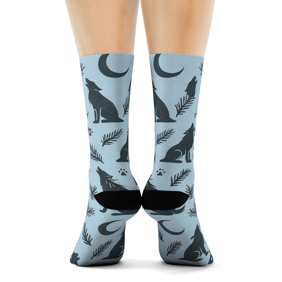 Gray Wolf Moonlit Howl Lattice On Icy Blue unique graphic crew socks