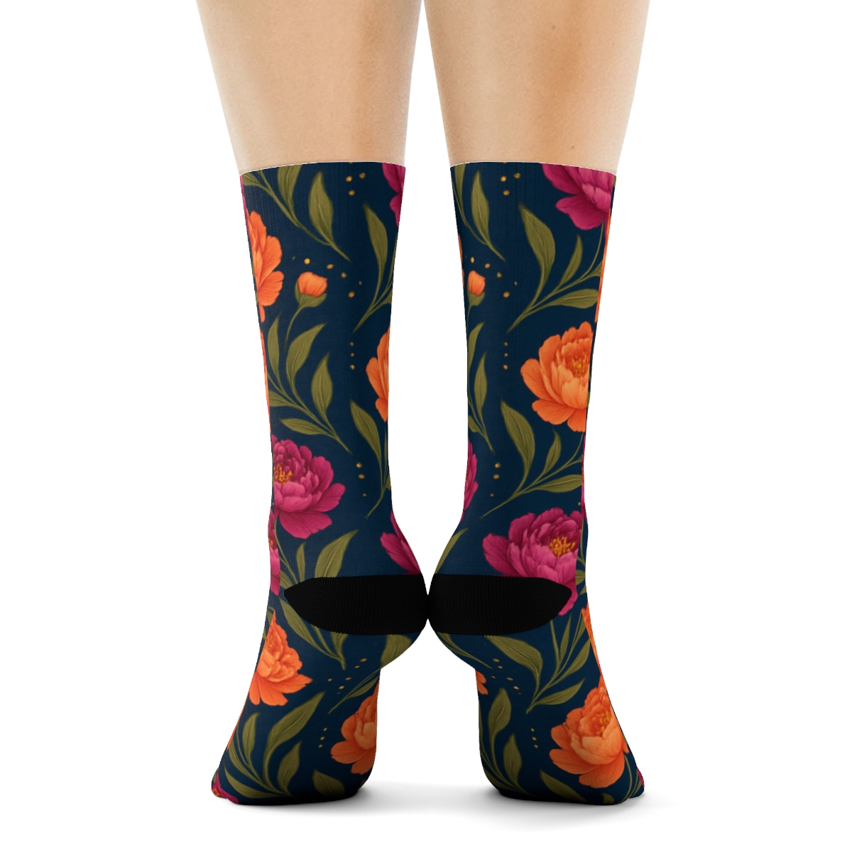 Sunset Peony Chevron On Deep Navy Background designer printed crew socks