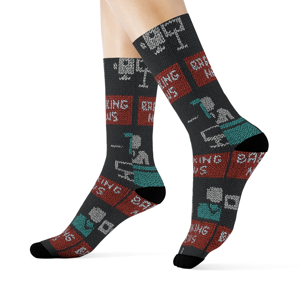 Knitted News Anchor Grid Illusion designer printed crew socks