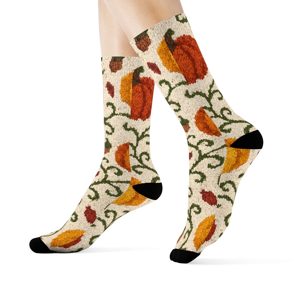 Knitted Pumpkin Patch Mirror Tile On Creamy Beige Background personalized crew socks