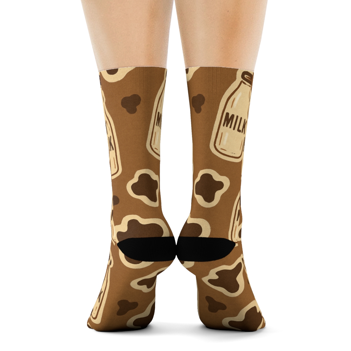 Milk Bottle Scatter On Sepia Field designer printed crew socks