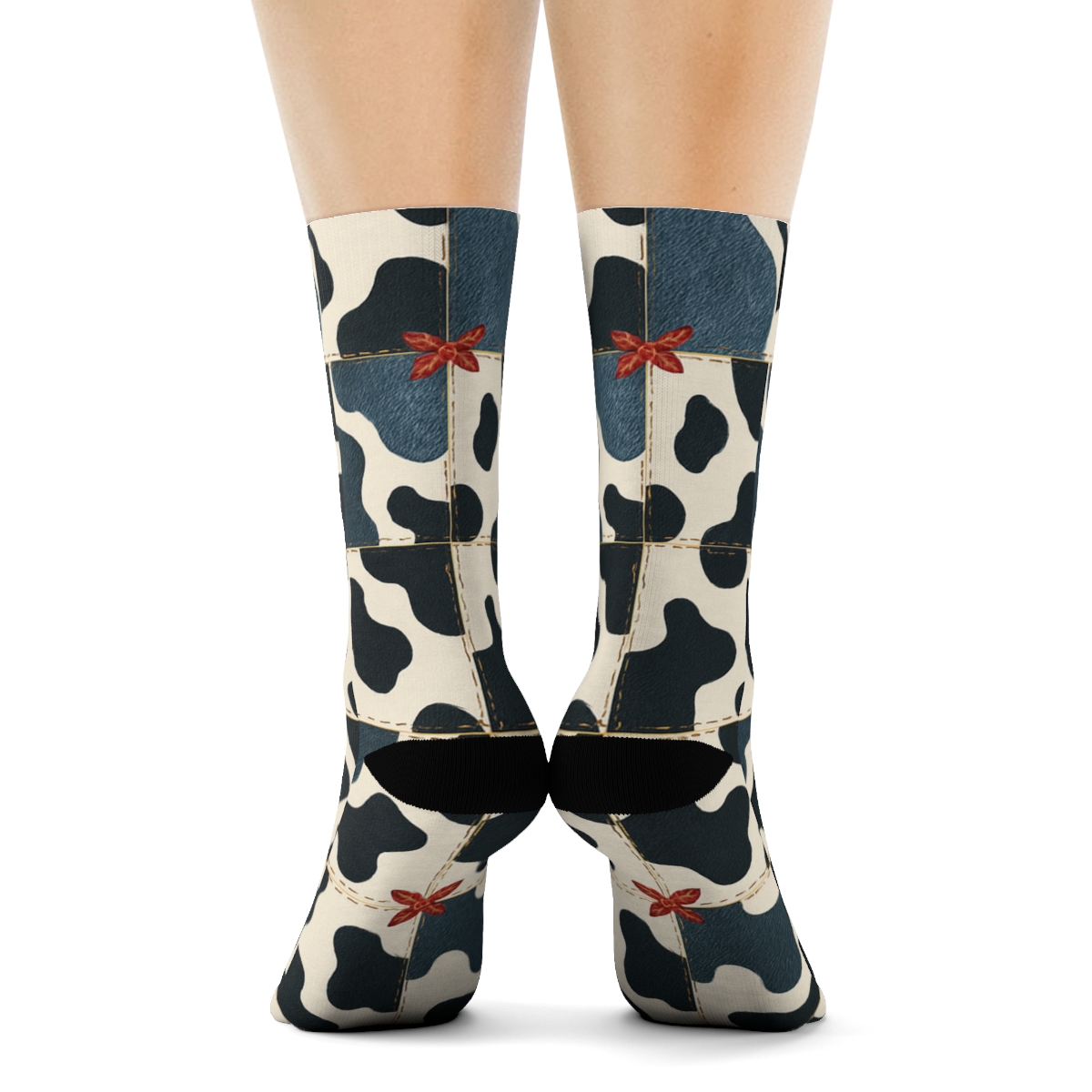 Woven Denim Patchwork With Bandana Accent Spots comfortable cotton crew socks