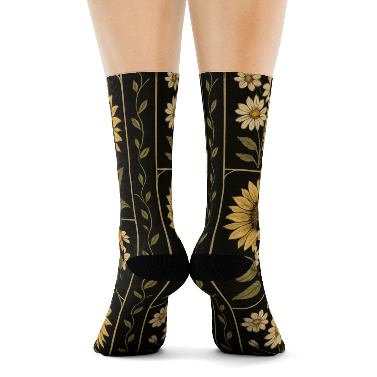 Midnight Herbarium Sunflower Daisy Collage Grid stylish athletic crew socks