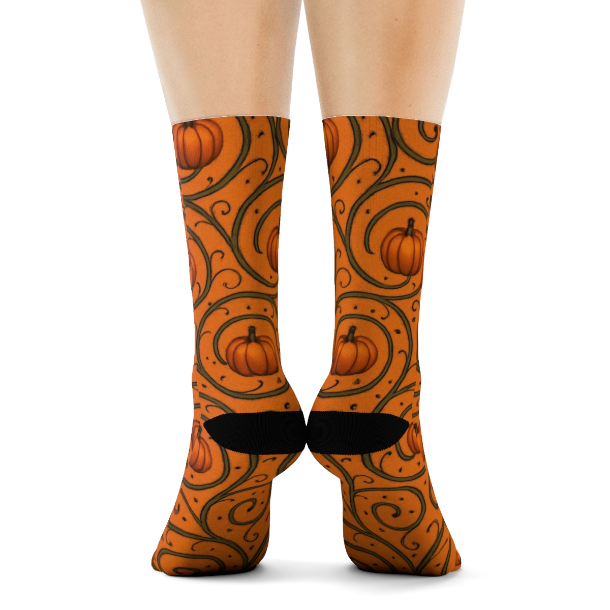 Pumpkin Vine Spiral Lattice On Orange Background soft everyday crew socks