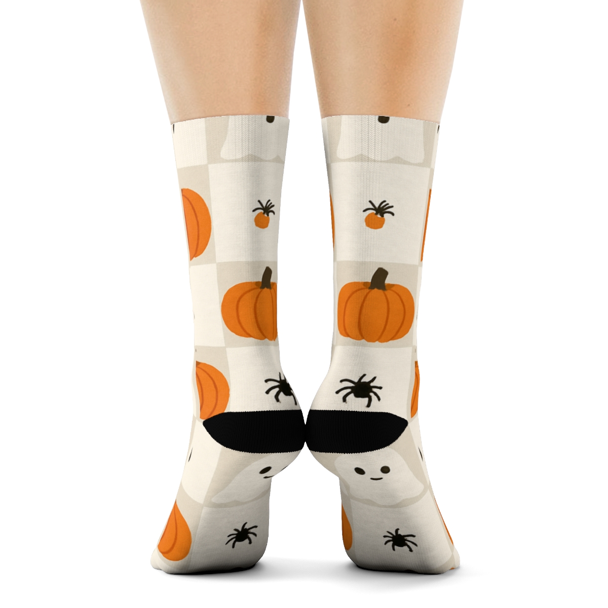 Ghost And Orange Pumpkin Alternating Check On Neutral Background custom crew socks