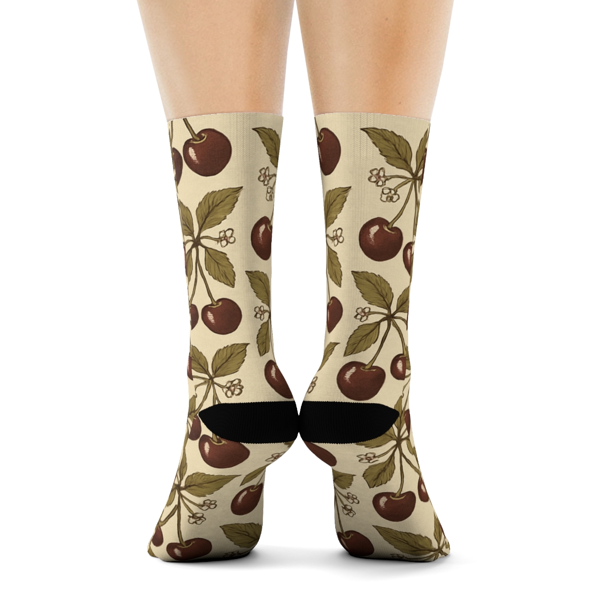 Botanical Poster Repeat With Cherry Accents unique graphic crew socks