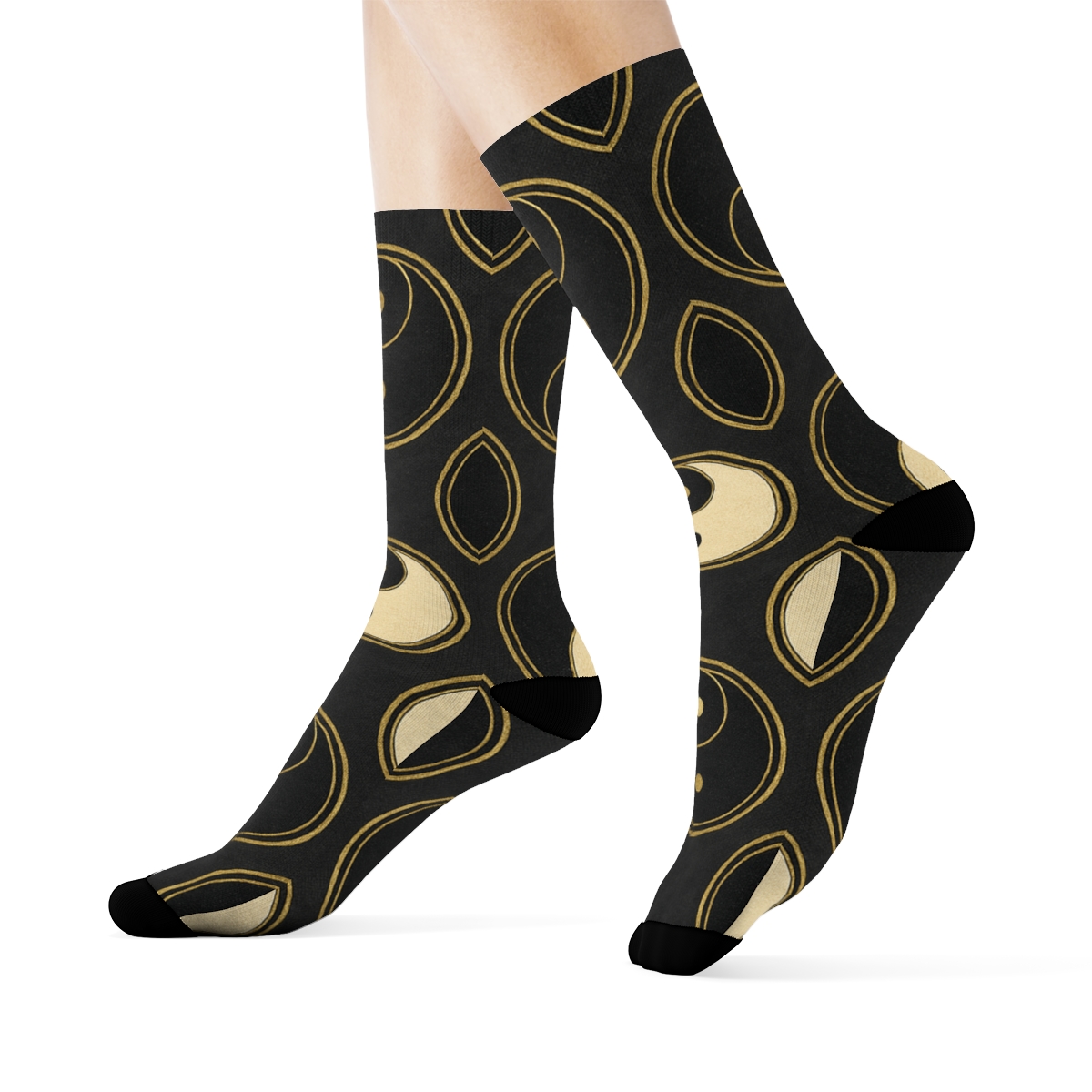 Gold Inlay Taijitu Medallion Tiles On Charcoal Satin unique graphic crew socksGold Inlay Taijitu Medallion Tiles on Charcoal Satin Crew Socks - Image 3