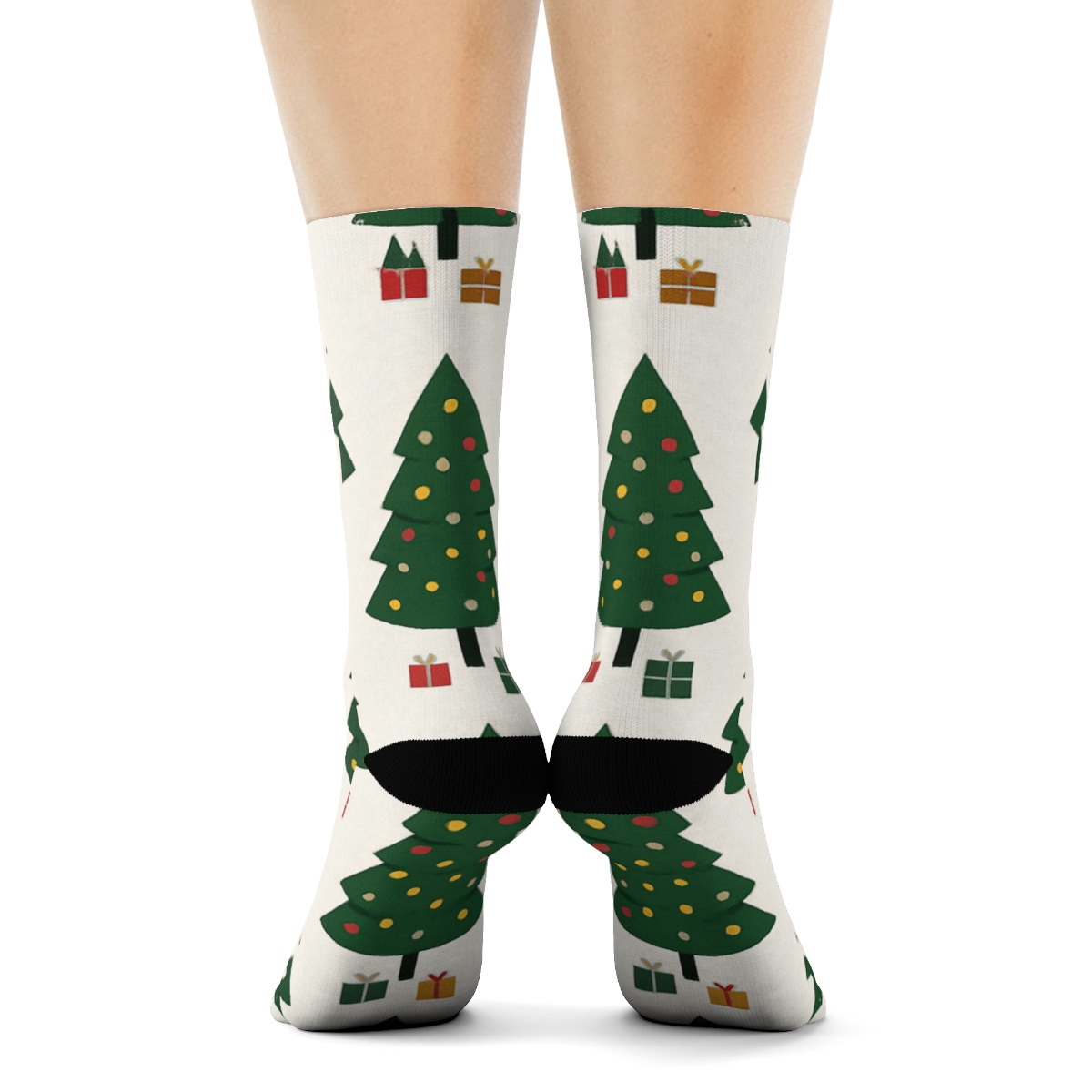 Miniature Tree Repeat On Winter White Background Christmas Tree trendy patterned crew socks