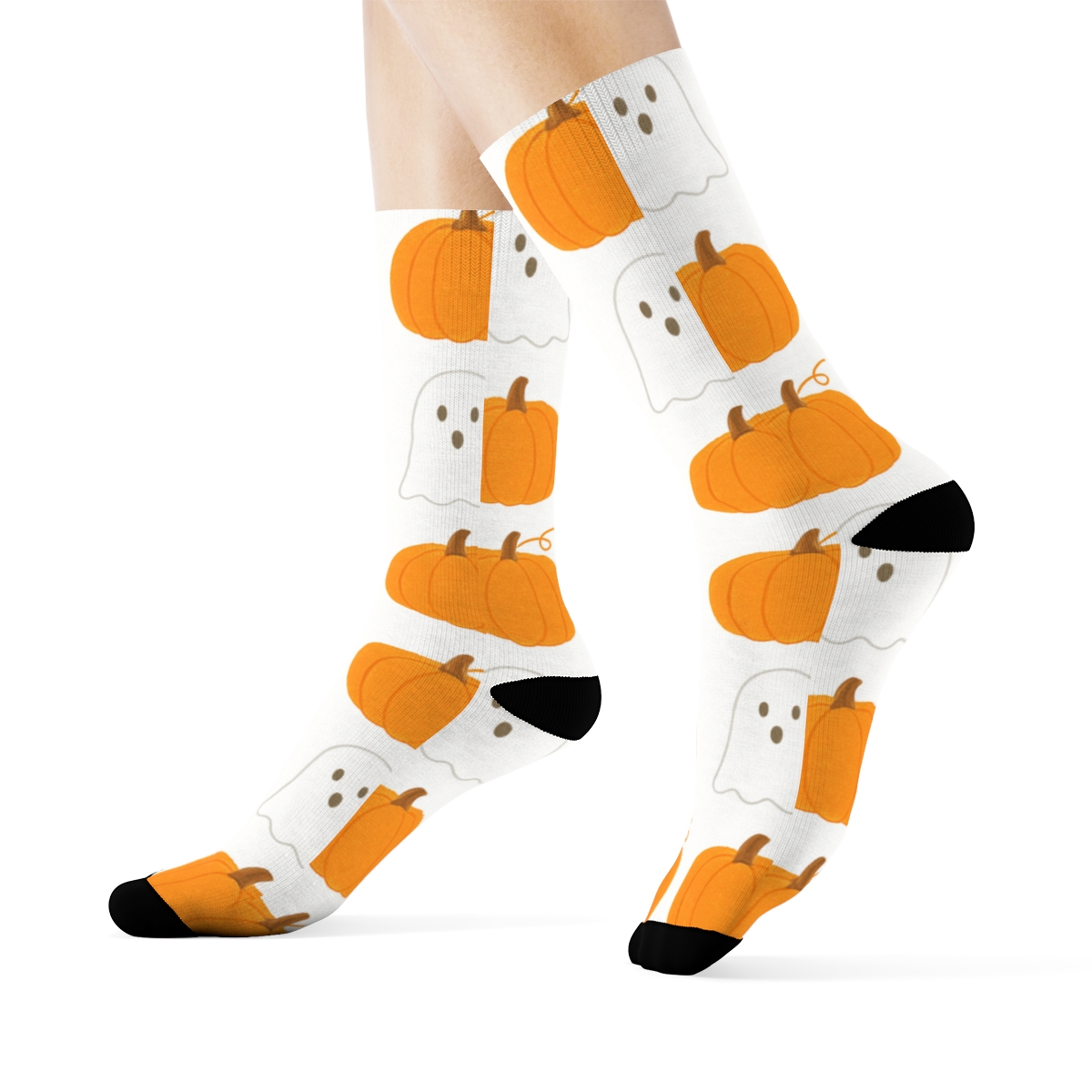 Orange Pumpkin And Ghost Alternating Tile On White Background designer printed crew socks