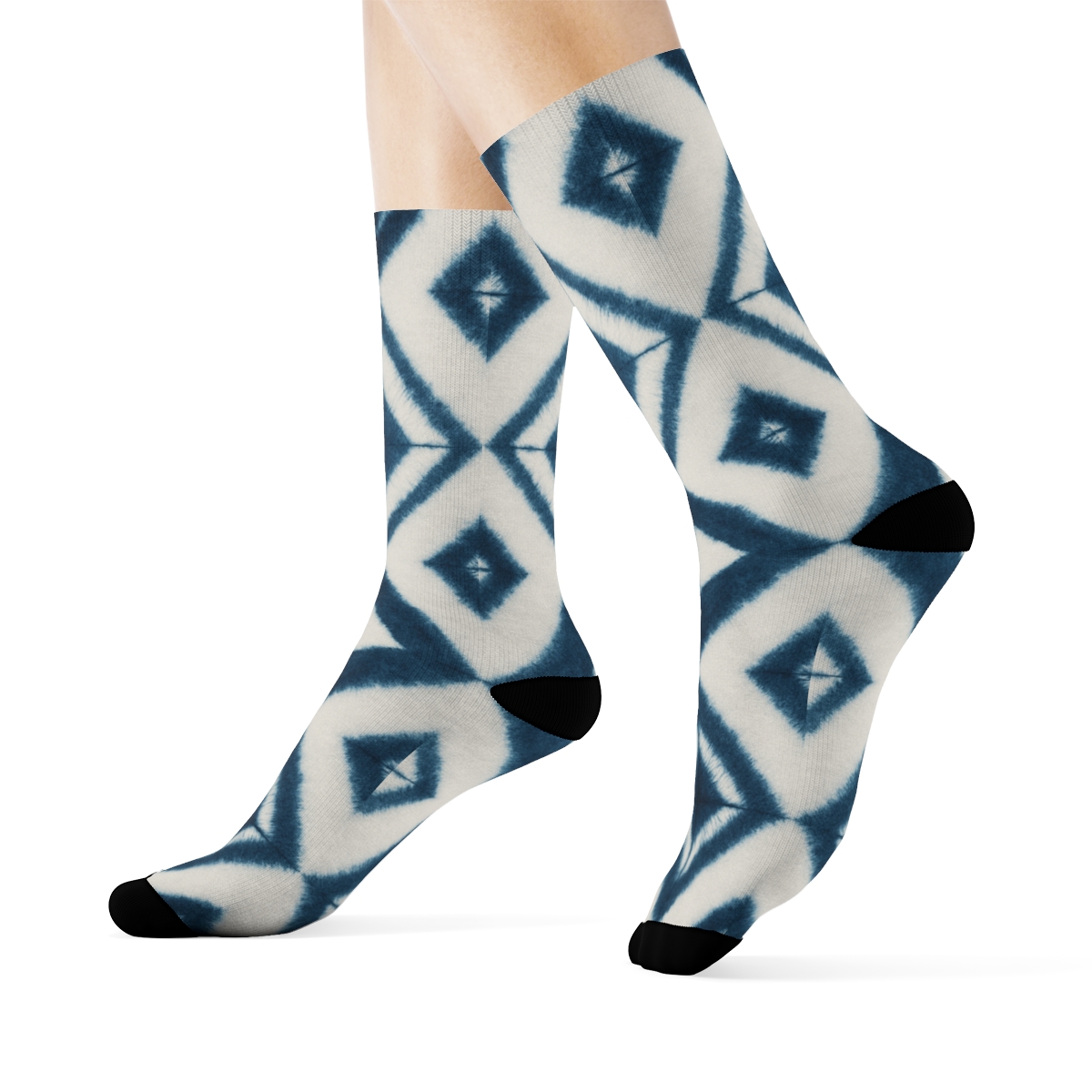 Deep Indigo Shibori Diamond Chevron Field designer printed crew socks