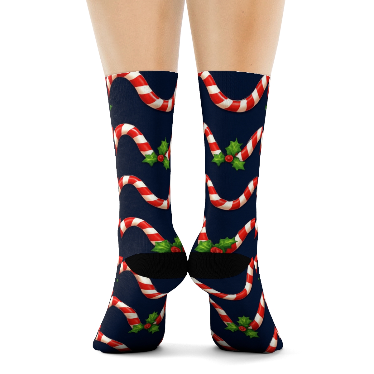 Candy Cane Wave On Deep Navy Background premium sports crew socks