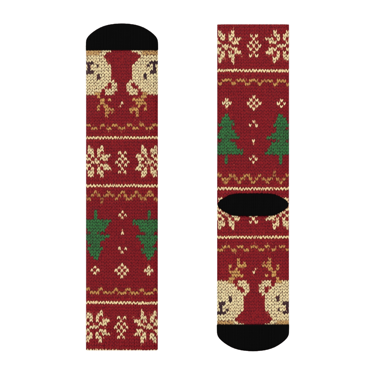 Knitted Reindeer Bear Fair Isle On Cranberry Red Background comfortable cotton crew socks