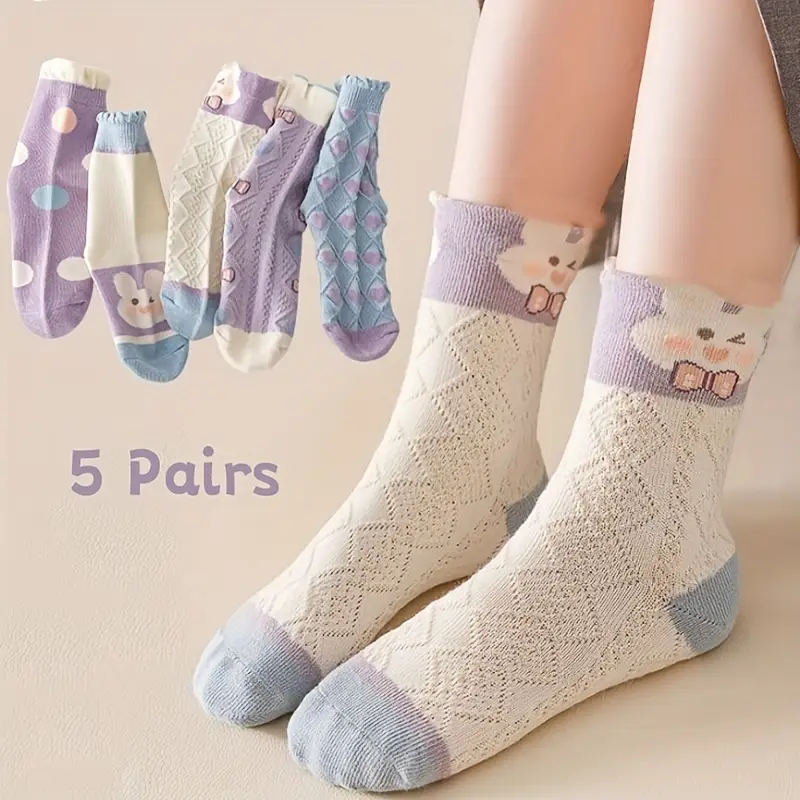 5 pairs girls polka dot rabbit cute pattern socks breathable comfy crew socks childrens trendy socks 3