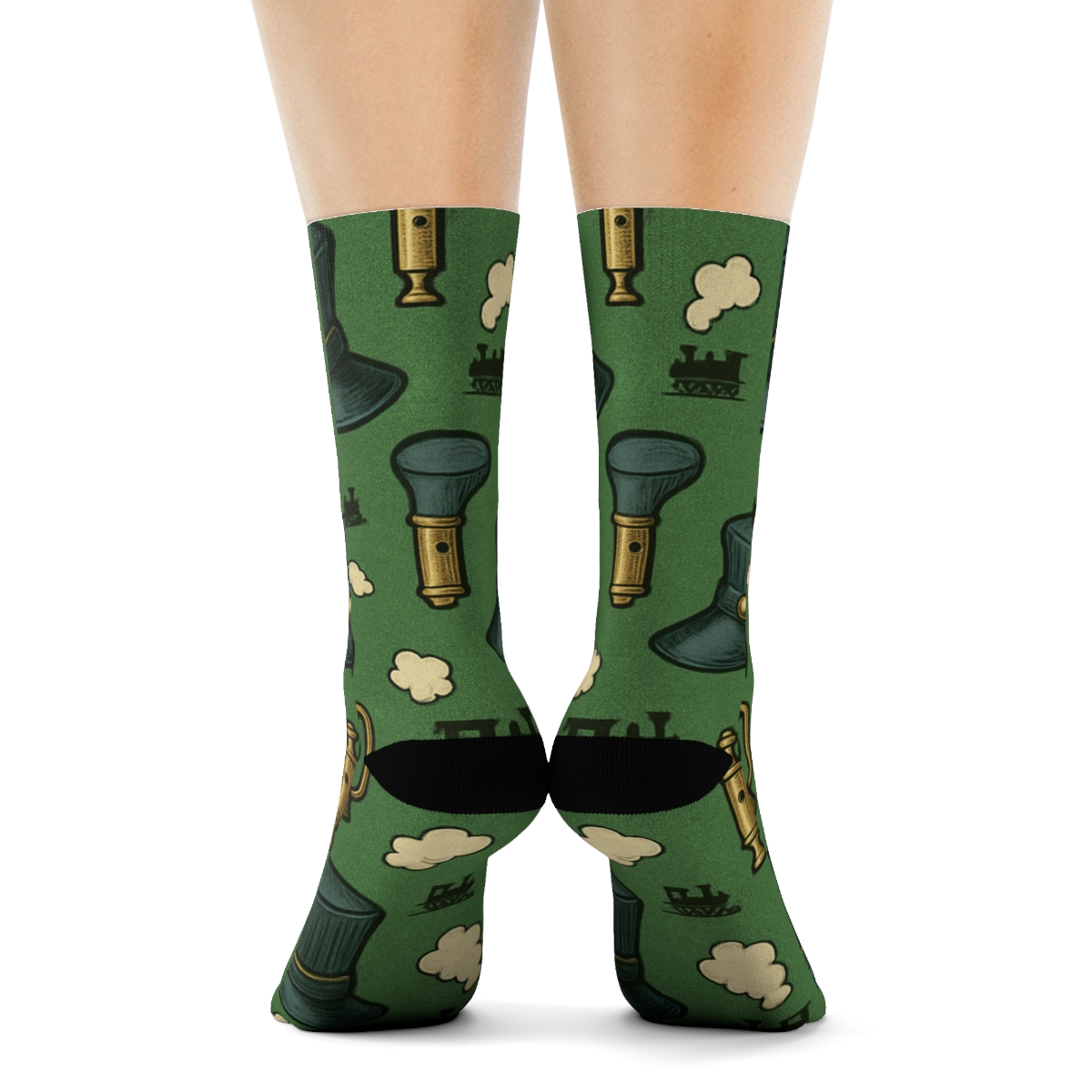 Train Conductor Whistle And Signal Scatter On Railway Green custom crew socks