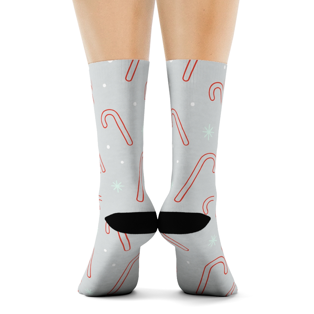 Snowfall Field With Scattered Candy Canes Silhouettes custom crew socks