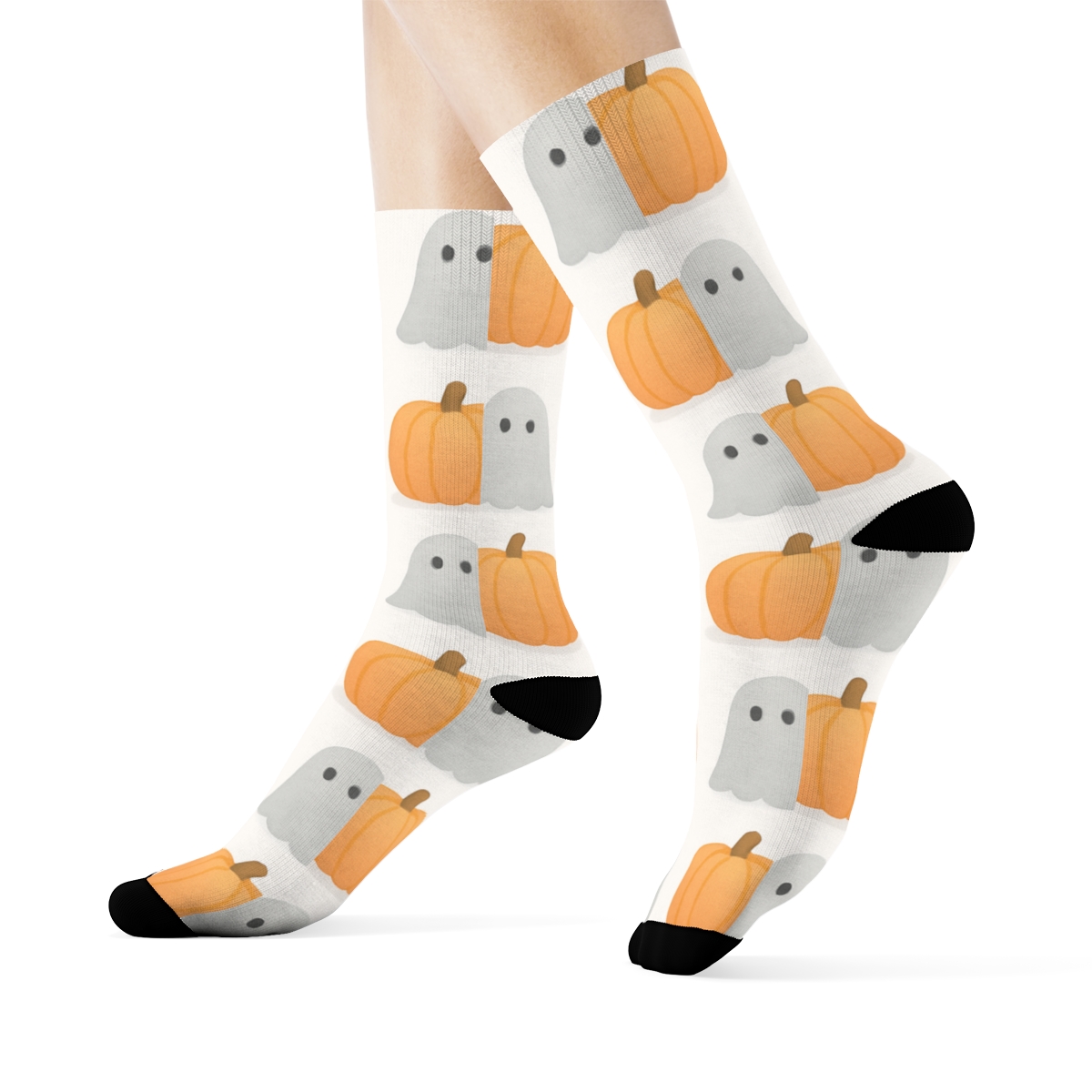 Alternating Ghost And Pumpkin Grid On White Background unique graphic crew socks