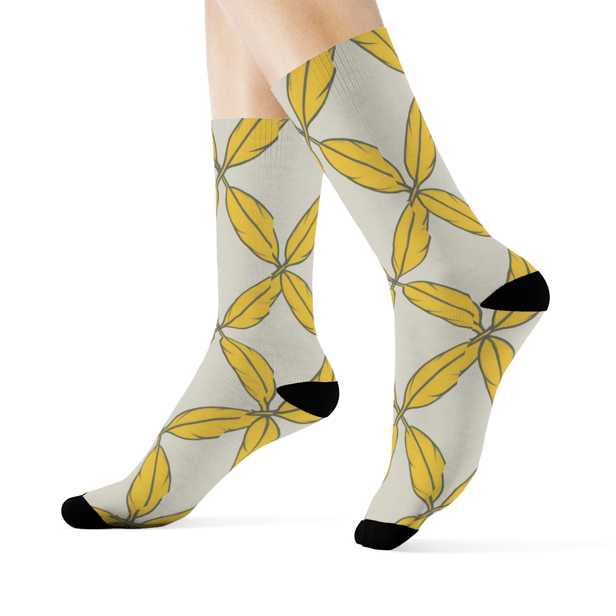 Golden Canary Feather Lattice On Soft Gray Background personalized crew socks