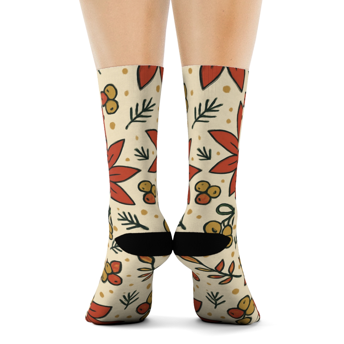 Poinsettia Daisy Scatter On Warm Ivory Background soft everyday crew socks