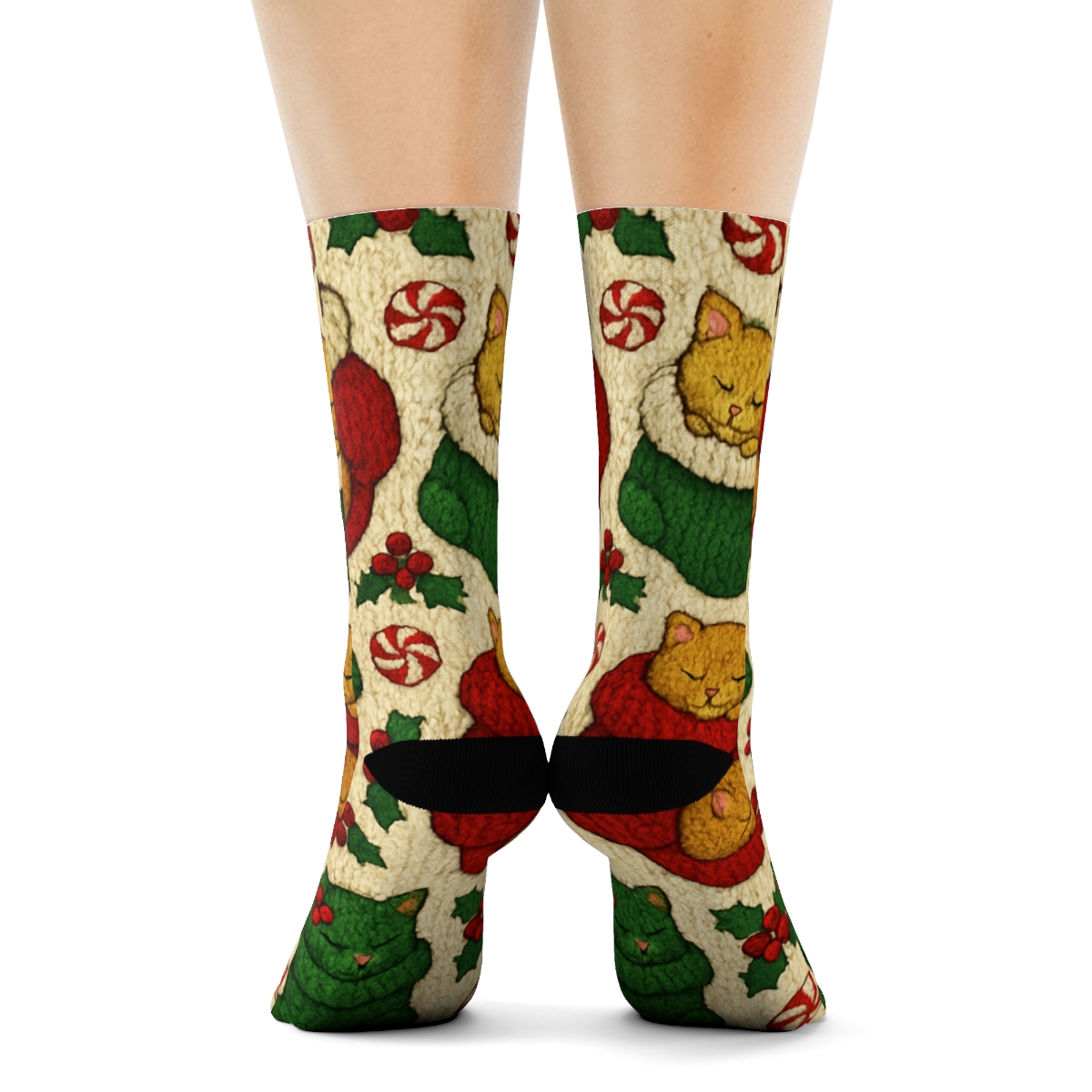 Knitted Christmas Kitty Mitten Tiles On Cream premium sports crew socks