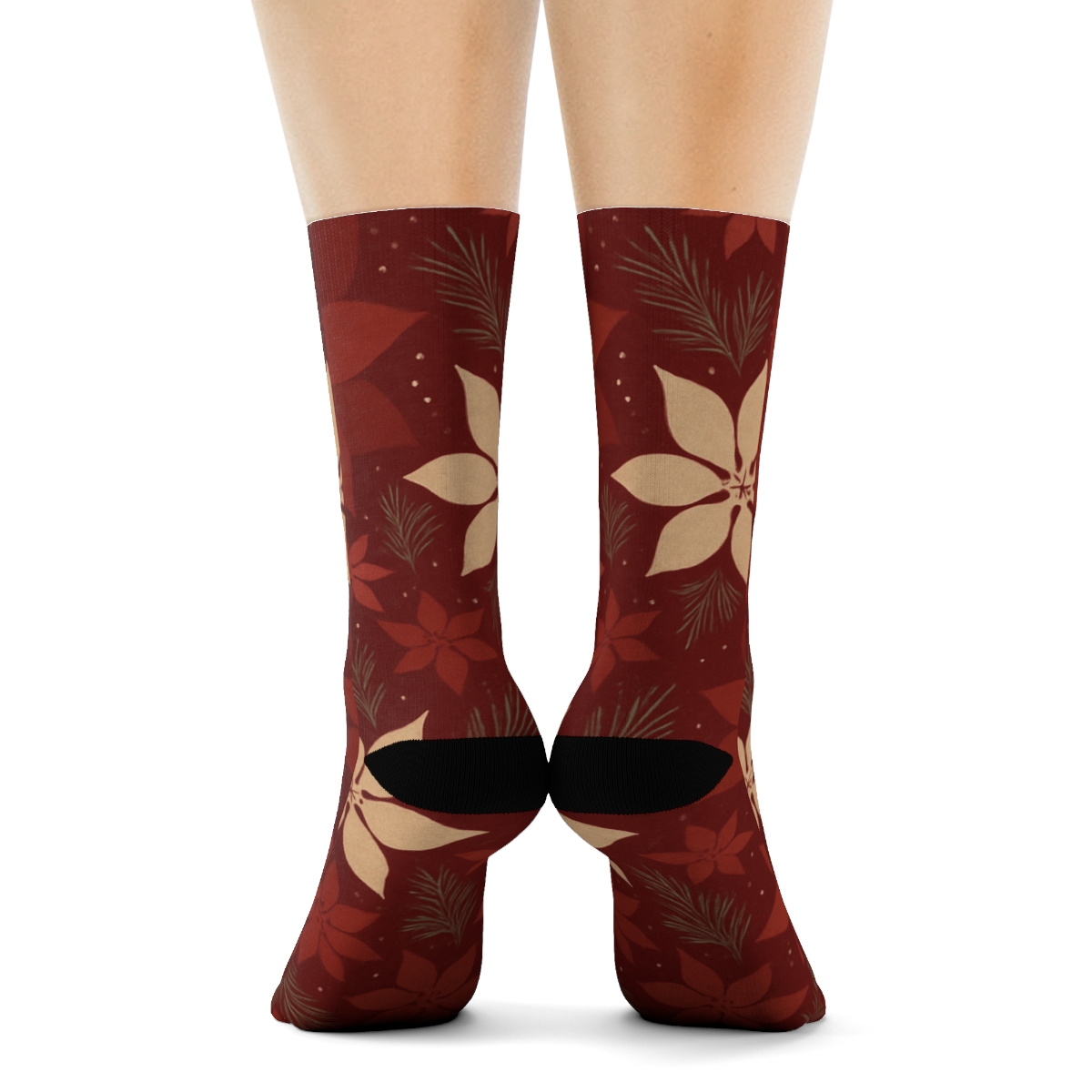 Snow Dusted Poinsettia Silhouette Scatter On Deep Crimson premium sports crew socks