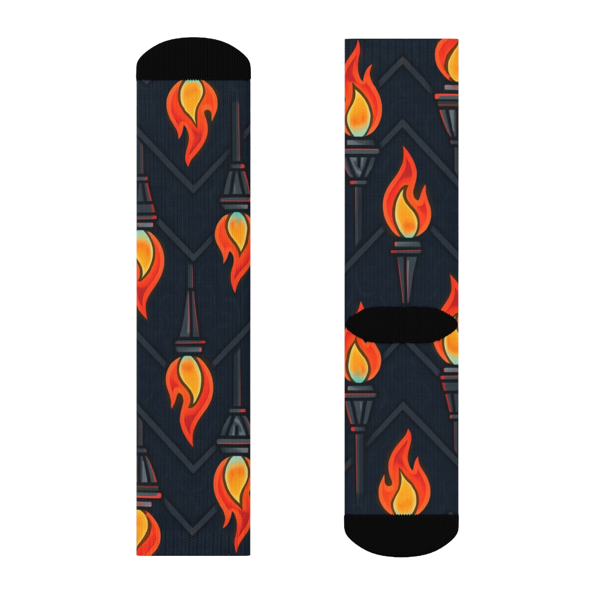 Neon Tiki Torch Chevron Bands On Midnight Navy trendy patterned crew socks