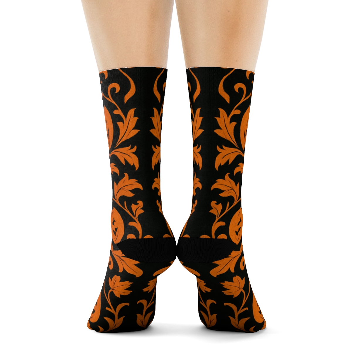 Jack O Lantern Damask On Black Background soft everyday crew socks