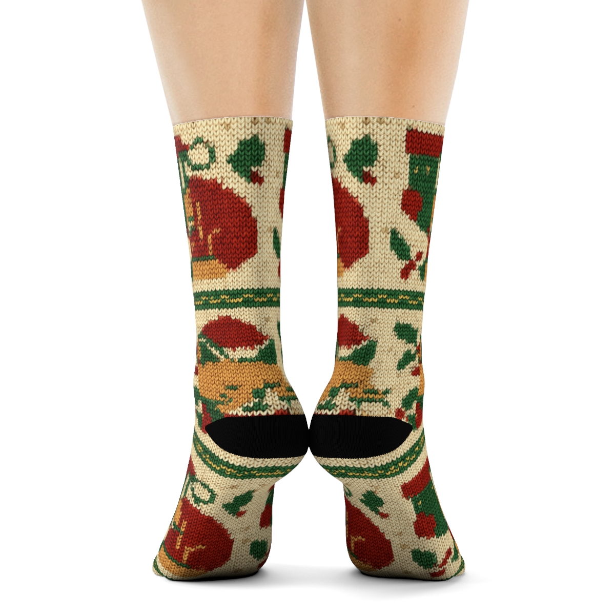 Cozy Knit Christmas Cats Fair Isle On Cream Background custom crew socks