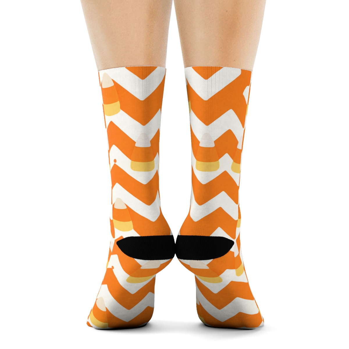 Orange Candy Corn Zigzag Lattice On White Background trendy patterned crew socks