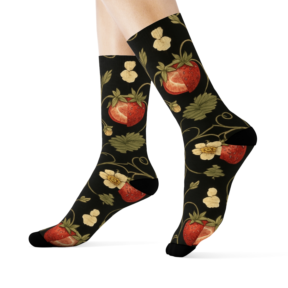 Vintage Strawberry Botanical Tile On Black Background personalized crew socks