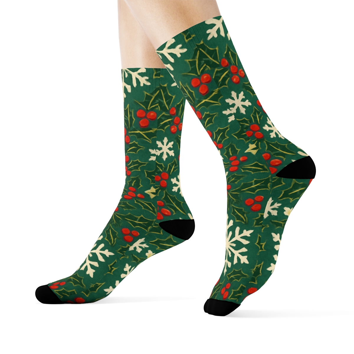 Snowflake And Holly Holiday Mosaic On Teal trendy patterned crew socks