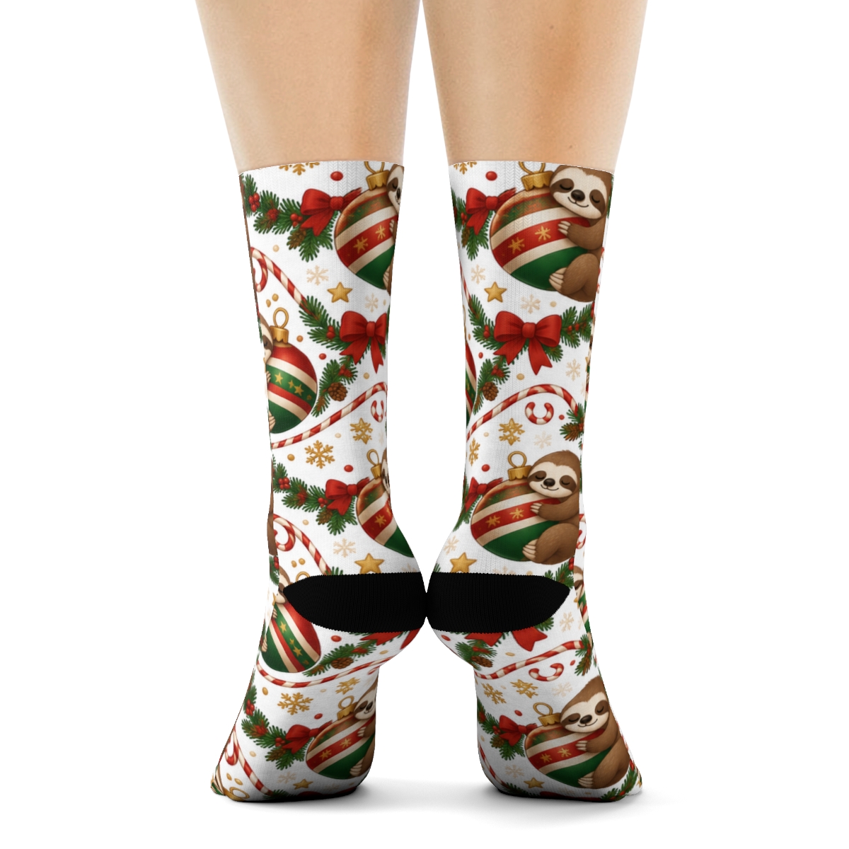 Cute Christmas Sloth Ornament Wave On White Background comfortable cotton crew socks [AI-0d6293db-2b8620a97278]